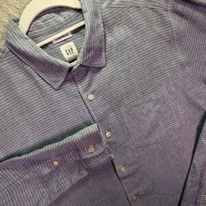 Gap Mens Button Front‎ Shirt Large Blue White Striped Linen Cotton Standard Fit